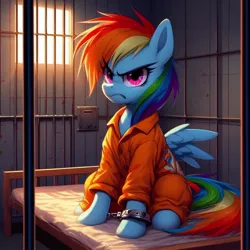 Size: 1024x1024 | Tagged: safe, derpibooru import, machine learning generated, rainbow dash, pegasus, pony, ai content, angry, bed, clothes, female, generator:dall-e 3, image, jail, jail cell, jpeg, mare, mattress, prison, prison cell, prison outfit, prisoner, prisoner rd, scowl, shackles, solo, window