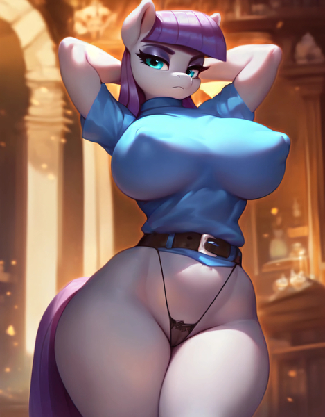 Size: 3200x4096 | Tagged: questionable, derpibooru import, machine learning generated, stable diffusion, maud pie, anthro, abs, ai content, arm behind head, bare legs, beautiful, belt, big breasts, breasts, busty maud pie, clothes, curvy, cute, dress, erect nipples, female, g4, generator:purplesmart.ai, hotel, huge breasts, image, jpeg, lidded eyes, looking at you, neutral, nipple outline, panties, prompt in description, prompter:diego96, solo, solo female, standing, tail, thighs, thong, thunder thighs, unamused, underwear, upscaled