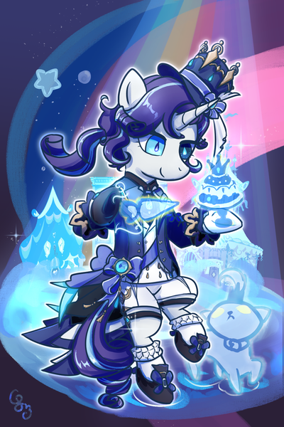 Size: 1200x1800 | Tagged: safe, artist:brella, derpibooru import, rarity, pony, unicorn, cake, clothes, cosplay, costume, food, furina (genshin impact), genshin impact, image, png, solo