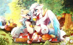 Size: 4848x3007 | Tagged: safe, artist:krissstudios, derpibooru import, oc, unofficial characters only, earth pony, pegasus, pony, apple, female, flower, flower in hair, food, image, male, mare, pancakes, picnic blanket, png, stallion