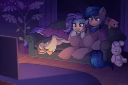 Size: 6500x4327 | Tagged: safe, artist:madelinne, derpibooru import, oc, oc:nightfall, unofficial characters only, blanket, carpet, couch, duo, image, night, plant, plushie, png, watching tv, window, wooden floor