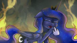 Size: 1366x768 | Tagged: artist needed, source needed, semi-grimdark, derpibooru import, princess luna, alicorn, pony, coughing, crying, female, fire, friendship is tragic (obabscribbler), image, mare, png, smoke