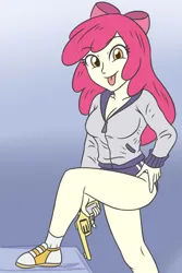 Size: 1851x2775 | Tagged: safe, artist:sumin6301, derpibooru import, apple bloom, human, equestria girls, breasts, busty apple bloom, clothes, gun, gym shorts, image, jacket, jpeg, looking at you, shoes, sneakers, socks, solo, stupid sexy apple bloom, tongue out, weapon