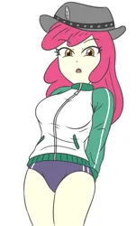 Size: 1671x2775 | Tagged: safe, artist:sumin6301, derpibooru import, apple bloom, human, equestria girls, breasts, busty apple bloom, clothes, gym shorts, hat, image, jacket, jpeg, legs together, looking at you, shoes, simple background, solo, white background