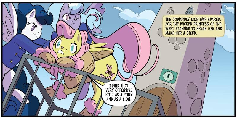Size: 1334x665 | Tagged: safe, artist:jenna ayoub, derpibooru import, idw, cloudchaser, fluttershy, high winds, pegasus, pony, spoiler:comic, breaking the fourth wall, cage, clothes, cowardly lion, dialogue, dialogue box, eye, female, flying monkeys, g4, image, jpeg, mare, my little pony classics reimagined: the unicorn of odd, official comic, oz, speech bubble, the land of oz, the unicorn of odd, the wizard of oz, trio, uniform, wicked witch of the west's castle, winkie country