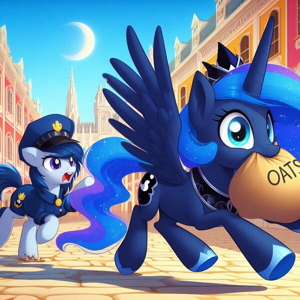 Size: 1024x1024 | Tagged: safe, derpibooru import, machine learning generated, princess luna, oc, alicorn, earth pony, ai content, bag, chase, cobblestone street, cute, duo, food, g4, generator:dall-e 3, image, jpeg, luna eats oats, lunabetes, nom, oats, police officer, prompter:k.r.e.d.k.e, running, spread wings, stealing, wings