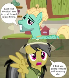 Size: 1920x2160 | Tagged: safe, derpibooru import, edit, edited screencap, screencap, daring do, zephyr breeze, pony, daring doubt, flutter brutter, crack shipping, female, grin, hair bun, hat, image, pith helmet, png, shipping, smiling, speech bubble, zephyrdo