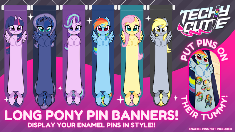 Size: 1280x720 | Tagged: safe, artist:techycutie, derpibooru import, derpy hooves, fluttershy, princess luna, rainbow dash, starlight glimmer, twilight sparkle, twilight sparkle (alicorn), alicorn, pegasus, pony, unicorn, banner, image, long pony, merchandise, png