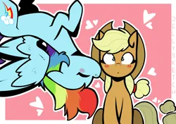 Size: 2480x1748 | Tagged: safe, artist:jellysketch, derpibooru import, applejack, rainbow dash, earth pony, pegasus, pony, appledash, blushing, female, heart, image, kiss on the cheek, kissing, lesbian, png, shipping, upside down