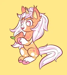 Size: 1144x1280 | Tagged: safe, artist:kutemango, derpibooru import, oc, unofficial characters only, alicorn, pony, chibi, colorful, cute, food, image, jpeg, mango, orange background, simple background, solo