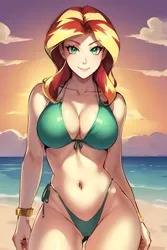 Size: 1024x1536 | Tagged: suggestive, derpibooru import, editor:sammykun, machine learning generated, sunset shimmer, human, ai content, beach, belly button, big breasts, bikini, breasts, busty sunset shimmer, clothes, female, humanized, image, jewelry, looking at you, midriff, necklace, ocean, png, prompter:sammykun, seductive, sexy, sky, solo, stupid sexy sunset shimmer, swimsuit, water, wide hips
