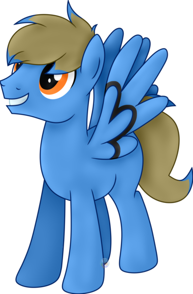 Size: 1201x1829 | Tagged: safe, artist:pure-blue-heart, derpibooru import, oc, unofficial characters only, pegasus, pony, blue coat, brown mane, image, male, orange eyes, pegasus oc, png, raffle prize, simple background, stallion, stallion oc, toothy grin, transparent background, wings