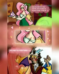 Size: 1080x1350 | Tagged: safe, artist:marishka, derpibooru import, part of a set, discord, fluttershy, butterfly, human, insect, antlers, basket, blush sticker, blushing, clothes, comic, cup, door, fluttershy's cottage, g4, heart, holiday, horn, horned humanization, humanized, image, implied discoshy, implied shipping, implied straight, jpeg, plate, question mark, suit, tail, tailed humanization, teacup, teapot, valentine's day, winged humanization, wings
