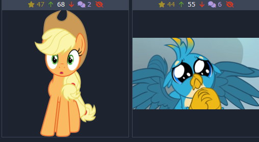 Size: 508x278 | Tagged: safe, derpibooru import, screencap, applejack, gallus, earth pony, gryphon, pony, derpibooru, school daze, beggin', begging, cropped, female, g4, image, implied shipping, male, mare, meta, png, puppy dog eyes, tags