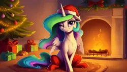 Size: 2560x1440 | Tagged: safe, derpibooru import, machine learning generated, princess celestia, alicorn, pony, :p, ai content, carpet, christmas, decoration, female, fireplace, generator:easyfluff v11.2, hat, holiday, image, indoors, jpeg, looking at you, mare, one eye closed, prompter:siber, red socks, santa hat, sitting, smiling, smiling at you, solo, tongue out, wink