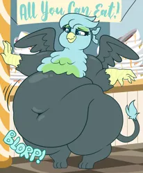 Size: 3550x4300 | Tagged: suggestive, artist:graphenescloset, derpibooru import, oc, oc:mai, unofficial characters only, gryphon, banner, belly, big belly, bingo wings, buffet, butt, chubby cheeks, commission, fat, female, griffon oc, huge belly, huge butt, image, large butt, obese, onomatopoeia, overweight, png, solo, solo female, thighs, thunder thighs, ych result