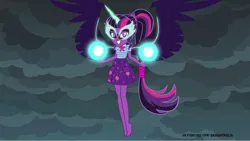 Size: 5360x3015 | Tagged: safe, artist:andoanimalia, derpibooru import, sci-twi, twilight sparkle, equestria girls, black wings, evil grin, grin, image, midnight sparkle, png, smiling, wings
