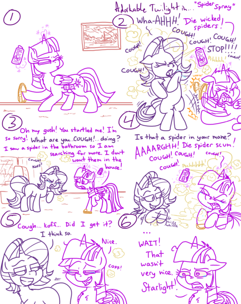 Size: 4779x6013 | Tagged: safe, artist:adorkabletwilightandfriends, derpibooru import, starlight glimmer, twilight sparkle, twilight sparkle (alicorn), alicorn, comic:adorkable twilight and friends, adorkable, adorkable twilight, angry, bipedal, bug spray, clothes, cloud, cough, coughing, cute, dork, eyes closed, friendship, happy, hitting, image, living room, magic, nostril flare, nostrils, png, rain, red eyes, revenge, slippers, spitting, spray, spray can, stance, teary eyes, trick, window