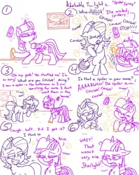 Size: 4779x6013 | Tagged: safe, artist:adorkabletwilightandfriends, derpibooru import, starlight glimmer, twilight sparkle, twilight sparkle (alicorn), alicorn, comic:adorkable twilight and friends, adorkable, adorkable twilight, angry, bipedal, bug spray, clothes, cloud, cough, coughing, cute, dork, eyes closed, friendship, happy, hitting, image, living room, magic, nostril flare, nostrils, png, rain, red eyes, revenge, slippers, spitting, spray, spray can, stance, teary eyes, trick, window