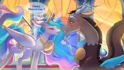 Size: 2325x1314 | Tagged: safe, artist:daffolyn, derpibooru import, discord, princess celestia, blushing, canterlot castle, commissioner:zcord, crown, discord day, dislestia, female, flag, glow, glowing horn, hooves to the chest, horn, image, imminent kissing, inanimate object, inanimate tf, jewelry, male, png, regalia, shipping, stained glass, straight, transformation