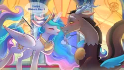 Size: 2325x1314 | Tagged: safe, artist:daffolyn, derpibooru import, discord, princess celestia, blushing, canterlot castle, commissioner:zcord, crown, discord day, dislestia, female, flag, glow, glowing horn, hooves to the chest, horn, image, imminent kissing, inanimate object, inanimate tf, jewelry, lightly watermarked, male, png, regalia, shipping, signature, stained glass, straight, transformation, watermark