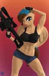 Size: 2160x3342 | Tagged: safe, artist:antonsfms, derpibooru import, oc, oc:revy, anthro, pegasus, 3d, abs, anti-materiel rifle, clothes, commission, denim shorts, eyelashes, eyeshadow, female, fingerless gloves, fit, gloves, high res, image, looking at you, makeup, painted nails, png, pose, shorts, simple background, smiling, smiling at you, solo, source filmmaker, tanktop, trigger discipline, weapon
