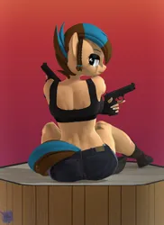 Size: 2160x2966 | Tagged: safe, artist:antonsfms, derpibooru import, oc, oc:revy, anthro, pegasus, 3d, abs, clothes, commission, denim shorts, eyelashes, eyeshadow, female, fit, gloves, gun, handgun, high res, image, looking at you, makeup, painted nails, pistol, png, pose, shorts, simple background, sitting, smiling, smiling at you, solo, source filmmaker, tanktop, trigger discipline, weapon