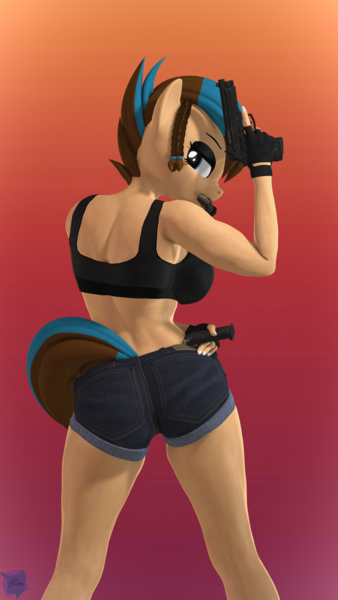 Size: 2160x3840 | Tagged: safe, artist:antonsfms, derpibooru import, oc, oc:revy, anthro, pegasus, 3d, abs, clothes, commission, denim shorts, eyelashes, eyeshadow, female, fit, gloves, gun, handgun, high res, image, looking at you, makeup, painted nails, pistol, png, pose, shorts, simple background, smiling, smiling at you, solo, source filmmaker, tanktop, trigger discipline, weapon