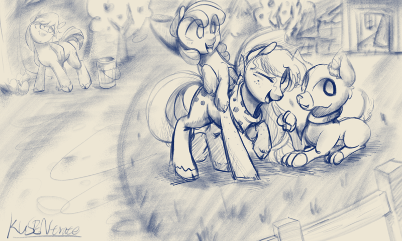 Size: 4000x2400 | Tagged: safe, artist:kusenkusentrate, derpibooru import, apple bloom, applejack, big macintosh, winona, dog, earth pony, pony, apple, apple siblings, apple sisters, bandana, brother and sister, bucket, female, filly, foal, food, image, male, mare, one eye closed, open mouth, png, siblings, sisters, sketch, smiling, stallion, tree, unshorn fetlocks