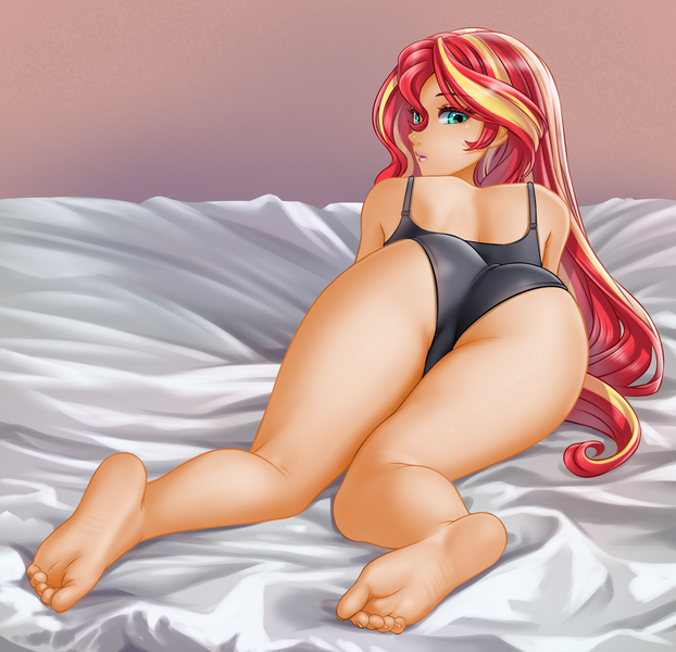 Size: 1500x1448 | Tagged: suggestive, artist:racoonsan, color edit, derpibooru import, edit, editor:drakeyc, sunset shimmer, human, equestria girls, ass, barefoot, bed, bedroom, black underwear, blushing, bra, bunset shimmer, butt, clothes, colored, eyebrows, eyebrows visible through hair, eyelashes, feet, female, image, indoors, legs, light skin, lingerie, long hair, looking at you, looking back, looking back at you, lying down, multicolored hair, panties, pillow, png, red hair, sexy, skin color edit, soles, solo, solo female, toes, underwear, yellow hair