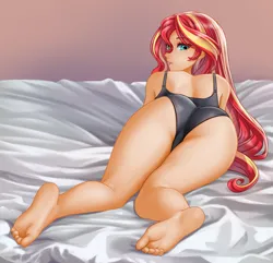 Size: 1500x1448 | Tagged: suggestive, artist:racoonsan, color edit, derpibooru import, edit, editor:drakeyc, sunset shimmer, human, equestria girls, ass, barefoot, bed, bedroom, black underwear, blushing, bra, bunset shimmer, butt, clothes, colored, eyebrows, eyebrows visible through hair, eyelashes, feet, female, image, indoors, legs, light skin, lingerie, long hair, looking at you, looking back, looking back at you, lying down, multicolored hair, panties, pillow, png, red hair, sexy, skin color edit, soles, solo, solo female, toes, underwear, yellow hair