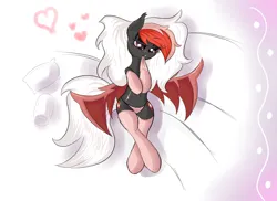 Size: 2200x1600 | Tagged: safe, artist:sunattic, derpibooru import, oc, oc:amaryllis, unofficial characters only, bat pony, pony, bed, clothes, female, heart, image, lying down, mare, on back, on bed, panties, png, socks, solo, solo female, underwear