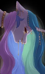 Size: 1802x2927 | Tagged: grimdark, artist:melodylibris, derpibooru import, princess celestia, alicorn, pony, black background, bust, crying, ear piercing, earring, female, floppy ears, gold, high res, horn, horn jewelry, image, jewelry, mare, molten gold, necklace, piercing, png, simple background