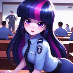 Size: 1024x1024 | Tagged: safe, derpibooru import, machine learning generated, twilight sparkle, human, ai content, badge, belt, blushing, breasts, busty twilight sparkle, classroom, clothes, eyebrows, eyebrows visible through hair, female, image, jpeg, looking at you, necktie, police, police academy, police officer, police uniform, solo focus