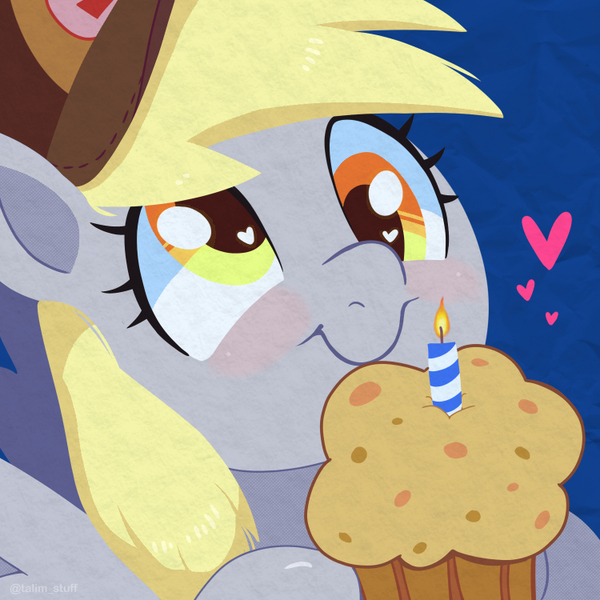 Size: 750x750 | Tagged: safe, artist:talimingi, derpibooru import, derpy hooves, pegasus, pony, bust, candle, cute, derpabetes, female, food, heart, heart eyes, image, jpeg, mare, muffin, portrait, smiling, wingding eyes