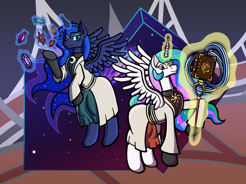 Size: 2000x1500 | Tagged: safe, artist:its-filly-silly, derpibooru import, princess celestia, princess luna, alicorn, pony, asuka r. kreutz, crossover, guilty gear, image, png