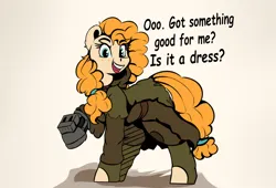 Size: 3850x2620 | Tagged: safe, artist:singovih, derpibooru import, pear butter, earth pony, pony, fallout equestria, clothes, fallout, fallout: new vegas, female, image, looking at you, mare, png, power hoof, solo, text, veronica santangelo, voice actor joke