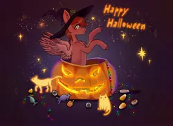 Size: 2274x1668 | Tagged: safe, artist:soudooku, derpibooru import, cat, pegasus, pony, candy, commission, food, halloween, hat, holiday, image, jpeg, pumpkin, solo, witch, witch hat
