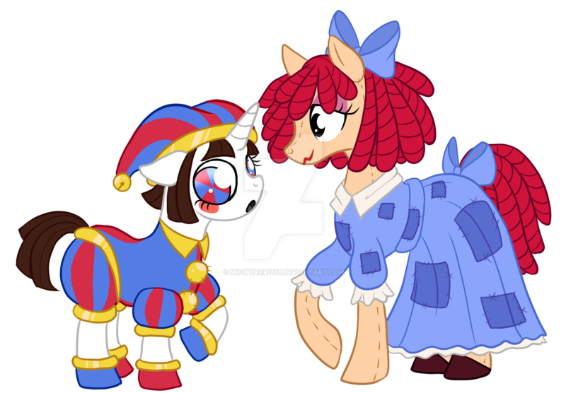 Size: 1920x1335 | Tagged: safe, artist:moondeer1616, derpibooru import, ponified, doll pony, earth pony, original species, pony, unicorn, blush sticker, blushing, bow, clothes, deviantart watermark, doll, dress, duo, duo female, female, floppy ears, hair bow, hat, hoof shoes, image, jester, jester hat, jester outfit, looking at someone, looking away, mare, obtrusive watermark, open mouth, patch, png, pomni, ragatha, raised hoof, simple background, stitches, tail, tail bow, the amazing digital circus, toy, transparent background, watermark, wavy mouth