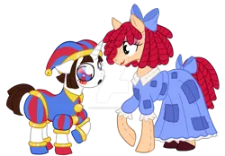 Size: 1920x1335 | Tagged: safe, artist:moondeer1616, derpibooru import, ponified, doll pony, earth pony, original species, pony, unicorn, blush sticker, blushing, bow, clothes, deviantart watermark, doll, dress, duo, duo female, female, floppy ears, hair bow, hat, hoof shoes, image, jester, jester hat, jester outfit, looking at someone, looking away, mare, obtrusive watermark, open mouth, patch, png, pomni, ragatha, raised hoof, simple background, stitches, tail, tail bow, the amazing digital circus, toy, transparent background, watermark, wavy mouth