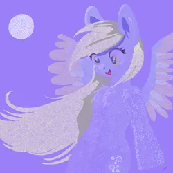 Size: 2048x2048 | Tagged: safe, artist:felisamafeles, derpibooru import, derpy hooves, pegasus, pony, chest fluff, digital art, eye clipping through hair, full moon, image, moon, open mouth, open smile, png, pointillism, shoulder fluff, simple background, smiling, solo, spread wings, traditional art emulation, wings