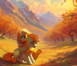 Size: 1194x1018 | Tagged: safe, artist:yidwags, derpibooru import, applejack, bright mac, earth pony, pony, crying, embrace, family, hug, hug from behind, image, mountain, mountain range, orchard, png, sitting, sunset