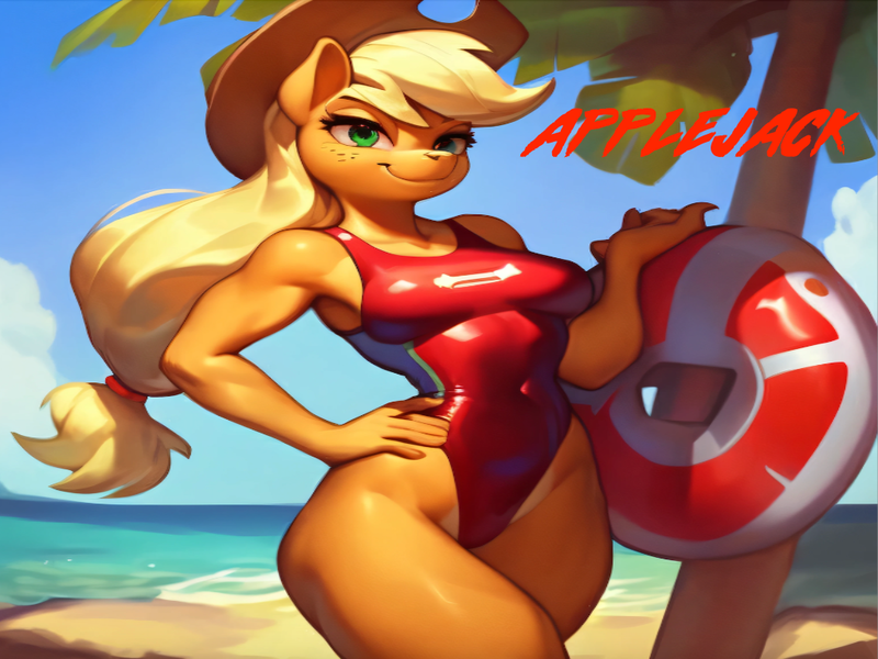 Size: 1024x768 | Tagged: suggestive, ai content, machine learning generated, stable diffusion, applejack, anthro, earth pony, baywatch, beach, breasts, buoy, busty applejack, clothes, hand on hip, image, lifeguard, lifeguard applejack, one-piece swimsuit, png, smiling, solo, swimsuit