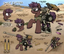 Size: 3616x3064 | Tagged: safe, artist:selenophile, derpibooru import, oc, oc:daisy cutter, unofficial characters only, earth pony, pony, amputee, artillery, cannon, earth pony oc, explicit source, glasses, goggles, image, jpeg, prosthetic leg, prosthetic limb, prosthetics, reference sheet, safety goggles, tail, tail wrap