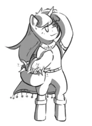 Size: 754x1033 | Tagged: safe, artist:ju4111a, derpibooru import, oc, unofficial characters only, pony, unicorn, basket, black and white, boots, clothes, female, grass, grayscale, herbs, image, looking at something, mare, monochrome, pants, plants, png, raincoat, raised hoof, shirt, shoes, simple background, sketch, smiley face, smiling, solo, white background