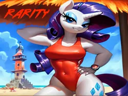 Size: 1024x768 | Tagged: suggestive, ai content, machine learning generated, stable diffusion, rarity, anthro, unicorn, baywatch, beach, breasts, busty rarity, clothes, flirty, hand behind back, hand on hip, image, lifeguard, lifeguard rarity, one-piece swimsuit, png, seductive pose, sexy, smiling, solo, swimsuit, watch tower