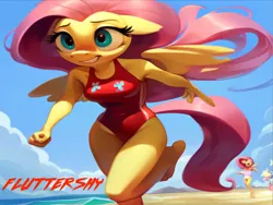 Size: 1024x768 | Tagged: suggestive, ai content, machine learning generated, stable diffusion, fluttershy, anthro, pegasus, baywatch, beach, breasts, busty fluttershy, clothes, image, lifeguard, lifeguard fluttershy, one-piece swimsuit, png, running, sexy, solo, swimsuit, worried