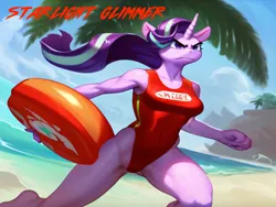 Size: 1024x768 | Tagged: suggestive, ai content, machine learning generated, stable diffusion, starlight glimmer, anthro, unicorn, baywatch, beach, breasts, buoy, busty starlight glimmer, clothes, determined, image, lifeguard, lifeguard starlight glimmer, one-piece swimsuit, png, running, sexy, solo, swimsuit