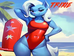 Size: 1024x768 | Tagged: suggestive, ai content, machine learning generated, stable diffusion, trixie, anthro, unicorn, baywatch, beach, breasts, busty trixie, clothes, flirty, hand behind back, hand on hip, image, lifeguard, lifeguard trixie, one-piece swimsuit, png, seductive pose, sexy, smiling, solo, swimsuit