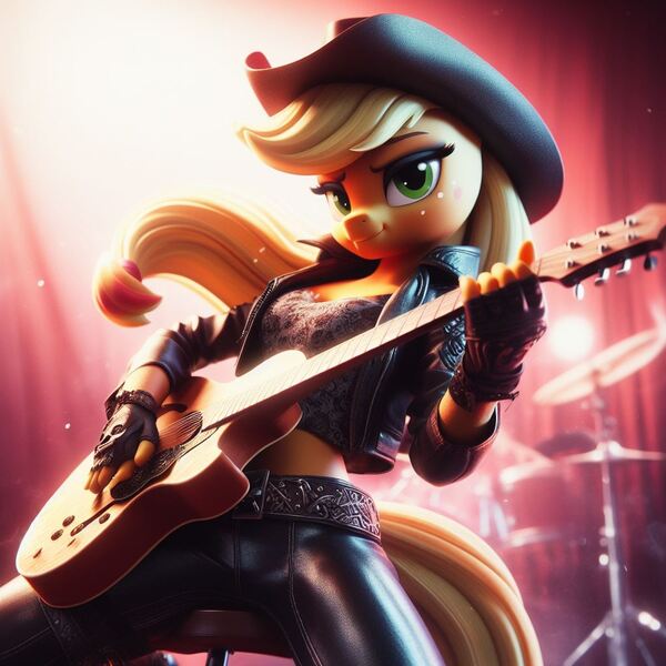 Size: 1024x1024 | Tagged: prompter needed, safe, ai content, derpibooru import, machine learning generated, applejack, anthro, applejack's hat, belt, clothes, concert, cowboy hat, female, fingerless gloves, g4, generator:bing image creator, generator:dall-e 3, gloves, guitar, hat, image, jacket, jpeg, leather, leather jacket, leather pants, musical instrument, pants, playing guitar, solo, stage, stetson